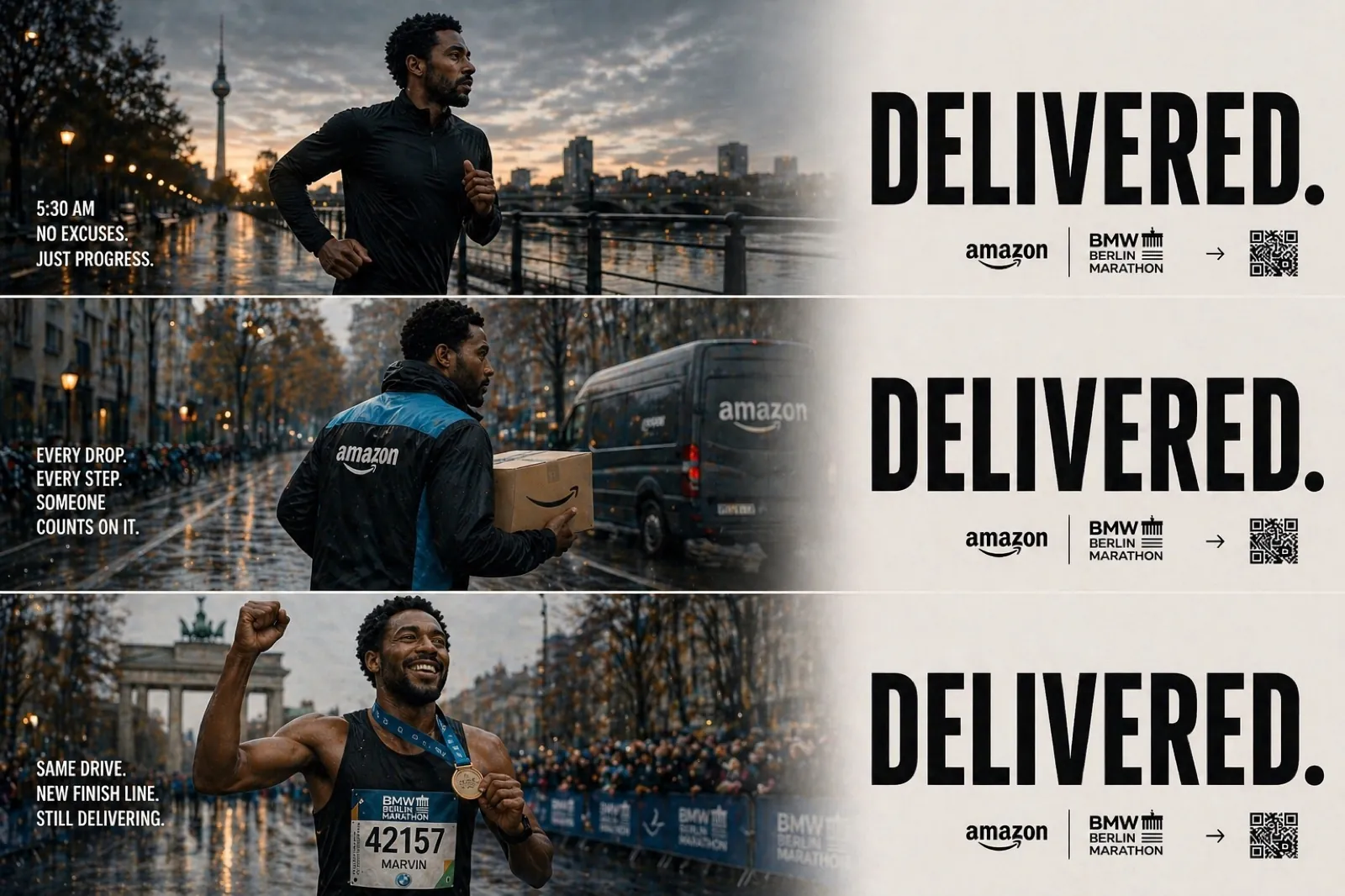 Marvin · Amazon courier · Berlin Marathon triptych